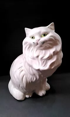 Vintage MCM Persian Large White Ceramic Cat  Green Eyes Sitting Statue 14  1980s • $57.85