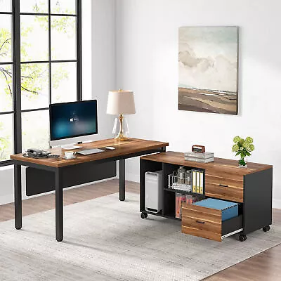 Executive Desk With Mobile File Cabinet Industrial Wood & Metal Computer Desk • $283