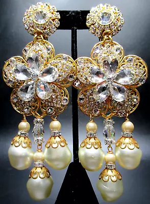 LAWRENCE VRBA 5 1/4  Sparkling Ice Rhinestone Faux Pearl Clip Earrings • $399.99