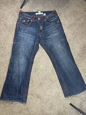 Laguna Beach Skull Embellished Distressed Red Stitch Bootcut Blue Jeans 36x29 • $34