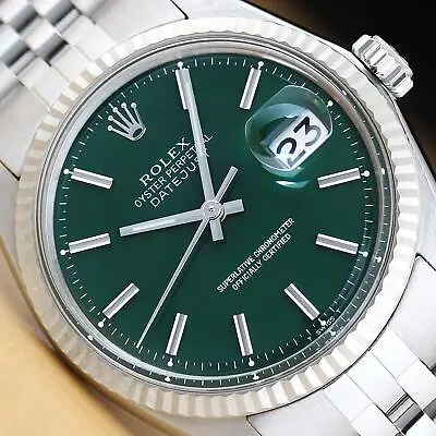 ROLEX MENS DATEJUST GREEN DIAL 18K WHITE GOLD STEEL WATCH W/ JUBILEE BAND • $4199.95