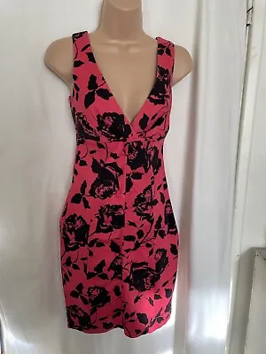 £5 • Buy Jane Norman Pink & Black Floral Knee Length Dress Size 10