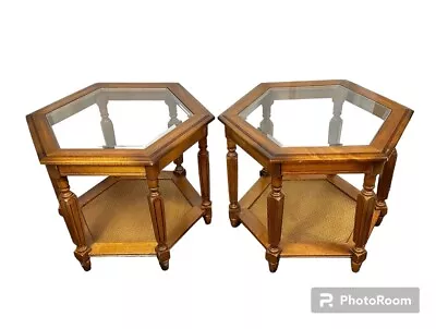 Walnut Hexagonal Beveled Glass Top Caned Shelf End Tables - Set Of 2 Mid Century • $450