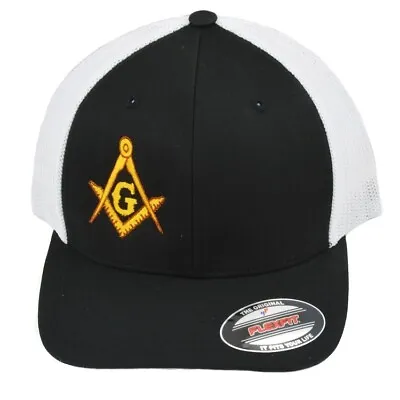 Gold Square & Compass Embroidered Masonic Flexfit Adult Trucker Hat • $27.99