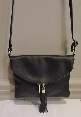 Vera Pelle Made In ItalyBlack Genuine LeatherTasselZipper Flap Cross Body Bag • $27.50