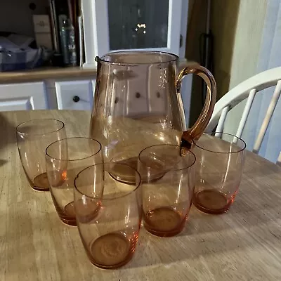 Depression Glass Pitcher Pink With 5 Glasses • $30