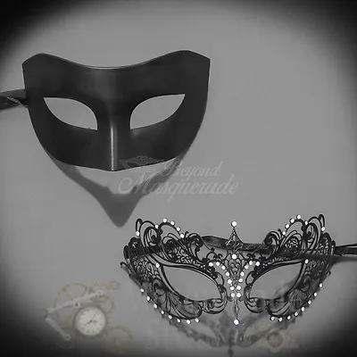 Couples Black Minimalist And Black Extravagant Costume Party Masquerade Mask Set • $19.95