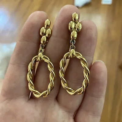 VTG Monet Oval Dangle Gold Tone Earings Clip On Braid  Accent Jewelry Designer • $15