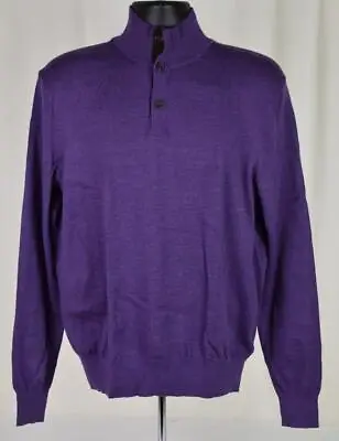 NWT Polo Ralph Lauren Merino Wool W/Leather Trim Purple Henley Style SWEATER L • $59.95