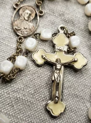 Vintage Rosary Mother Of Pearl Crucifix White Glass Beads Catholic G79 • $35.99