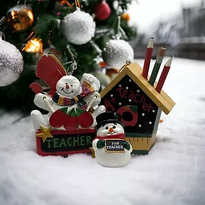 Three Christmas Ornaments For Teachers Two Snowmen And A Teacher School House • $28.99