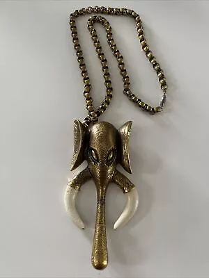 Large Brass Elephant Pendant Gold Tone Necklace 34  Signed “OR  Vintage • $68.99