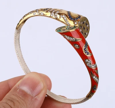 $47.50 • Buy Enamel Turkish Simulated Emerald .925 Silver & Bronze Bangle Bracelet #43532