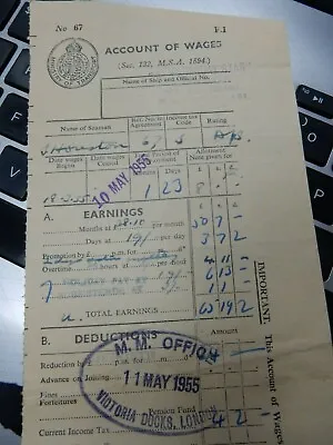 Houston  Wage Slip Chief Steward In Office ?   1955     Folded  12/33 Cm  • £19.99