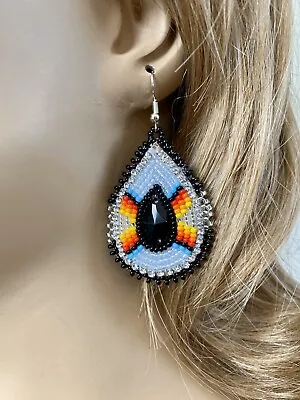 Native Style Ethnic Beaded Handmade Black Gray Teardrop Fashion Hook Earrings • $12.99