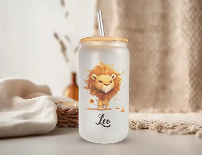 LEO Zodiac Sign Frosted Glass Can With Bamboo Lid 16 Oz Glass Cup By Mugzan • $17.99