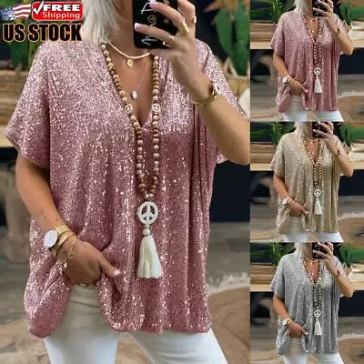 $25.83 • Buy US Women V Neck Tops Baggy T-shirt Ladies Short Sleeve Casual Loose Tunic Blouse