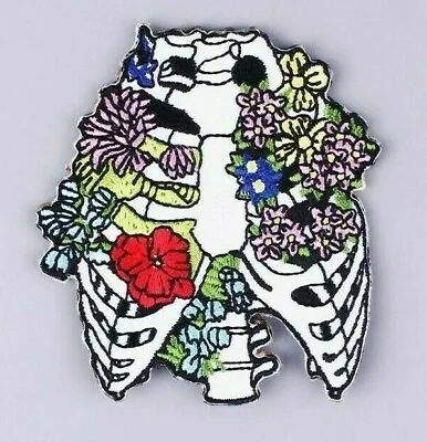 $5.95 • Buy Flower Rib Cage Iron-On Patch : Skeleton Skull Ribcage Flowers Garden Punk 