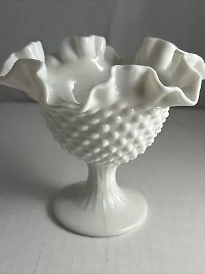 VTG Fenton White Milk Glass Hobnail Pedestal Bowl Compote-Ruffled Edge 5.5  • $9.99