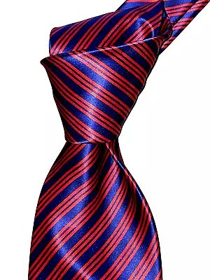 $285 NWT STEFANO RICCI Navy W/red Pencil Stripes 3.5  Shiny Satin Silk Tie ITALY • $185