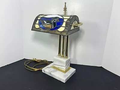 Vintage Bankers Table Lamp White Marble & Brass Stained Glass Duck • $150