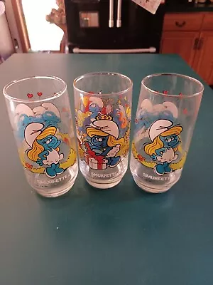 Vintage 1982 Smurf Peyo Clear Drinking Glasses Set Of 3  • $10