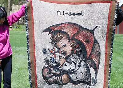 Vintage Goebel Hummel Figurine UMBRELLA GIRL   Woven TapestryThrow Blanket Mint • $25