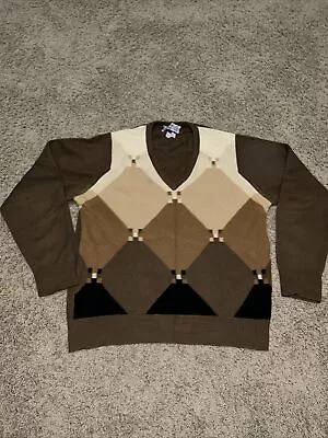 VTG Forsyth Of Edinburgh Ballantyne Cashmere V Neck Argyle Sweater Brown Men’s L • $25.99