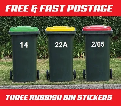 3 Wheelie Rubbish Garbage Bin Sticker House Number Identification Vinyl Decal • $9.95