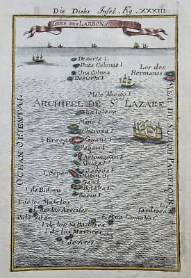 Mariana Islands Pacific Ocean Sailing Ships 1719 Mallet Hand Color Miniature Map • $100