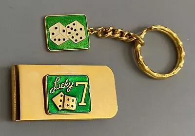 Vintage Gold Tone Mens Money Clip Green Lucky 7 + Bonus Dice Keychain • $29.99