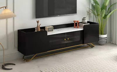 TV Stand Fluted Glass Modern Entertainment  Black Faux Marble Console Table • $195.69