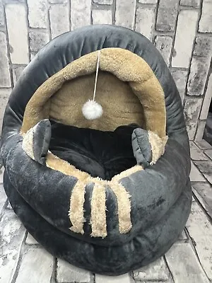 Cat Bed Grey Burrowing Cave Soft Plush Hooded Donut Or Small Dogs Cosy Basket • £24.99