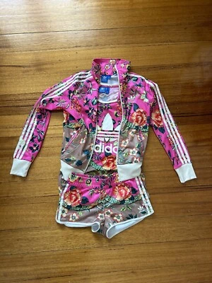 $79 • Buy Adidas Trefoil Pink Floral Jacket Tshirt Shorts Set Of 3 Sz 6 Never Worn NWOT