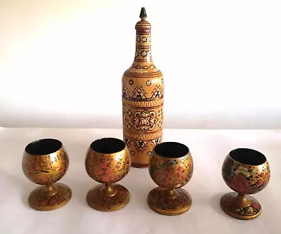 Decorative Vintage Bohemian Painted Wooden Bottle And Goblets • $36