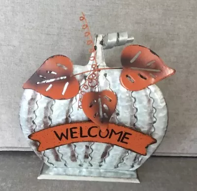 Welcome Metal Pumpkin Fall Harvest Tabletop Home Decor Silver & Orange 10”x10” • $14.99