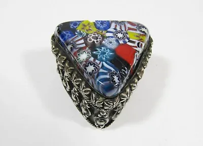 Vintage Murano Millefiori Art Glass Silver Metal Trinket / Pill Box Triangle #2 • $23.96