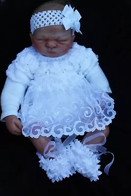 Lillbees Hand Knitted Lacy Frilly Dress Headband Shoes 0/3m Or 20/22 In Reborn.* • £24.99