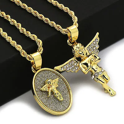 14k Gold Plated 2 Pcs Set Of Angel Cubic Zirconia 2mm 30  And 24  Rope Chain • $18.99