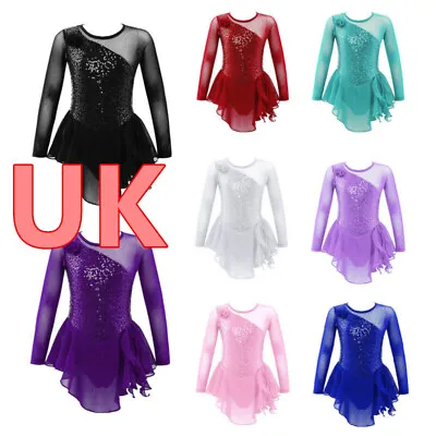 UK Kids Girls Sparkle Leotard Dress Cutout Back Ice Skating Dresses Dancewear  • £8.24