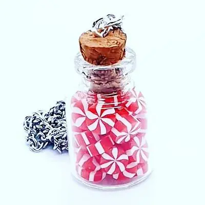 $9.76 • Buy Unique PEPPERMINT PINWHEEL CANDY NECKLACE Handmade GLASS JAR  MINIATURE BOTTLE 
