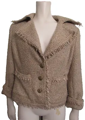 NYC New York & Company Women's Jacket Size 10 Tan Gold Metallic Fringe Tweed • $42.66