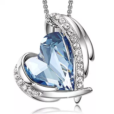 Elegant And Unique Silver Wing Heart-Shaped Sky Blue Zircon Pendant Necklace  • $0.82