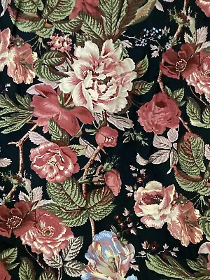 John Wilman Black Floral Cotton FABRIC By The Metre 55” W VINTAGE Cabbage Roses • £15