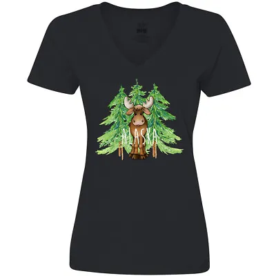 Inktastic Alaska Moose And Trees Women's V-Neck T-Shirt States Boodlebug State • $14.99