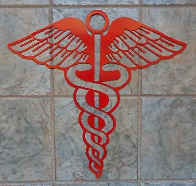 Caduceus Medical Sign Plasma Cut Metal Wall Art 24  W X 23  T Red Powder Coat • $48