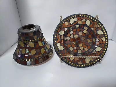 $49.99 • Buy Yankee Candle Topper Mosaic Leaves Glass Shade Jar Cover Plate Set See Pics
