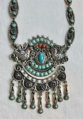 Vntg MEXICAN JEWELED PALOMA NECKLACE Doves STERLING Silver MATL Design KAHLO FAV • $749