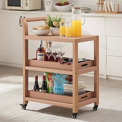 3 Tier Storage Kitchen Cart Shelving Unit Rolling Rack With Wheels  Teak Color • $139.97