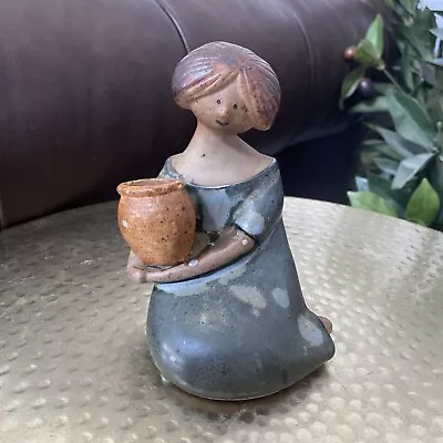 Vintage Girl Holding Flower Pot Figure UCTCI Stoneware Speckled Japan 4.5” • $14